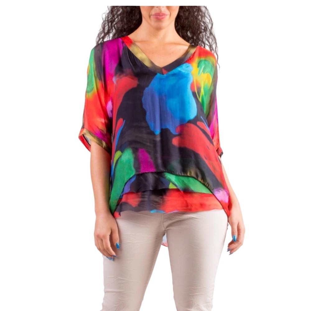 Gigi Moda Italy Diana Brushstroke Silk Blend Abstract Watercolor V-Neck Top OS